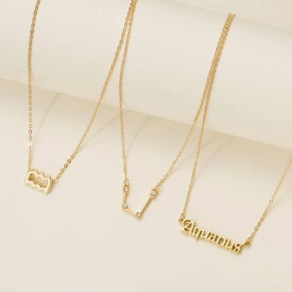 3pc Aquarius Zodiac Golden Necklaces - Picture 2 of 3